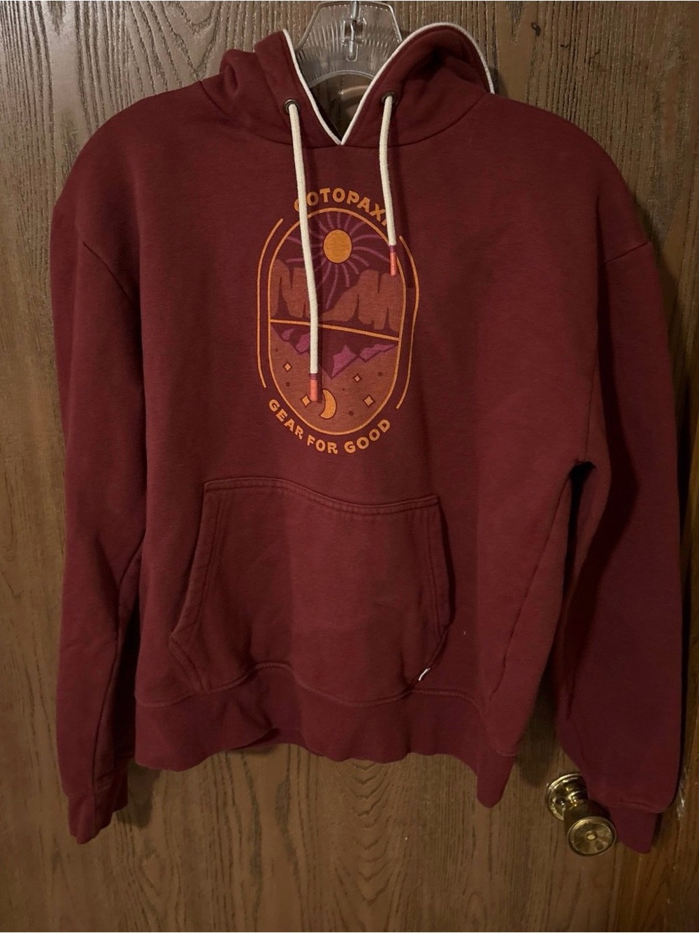 cotopaxi Maroon Crewneck Hoodie with Sunset Graphic